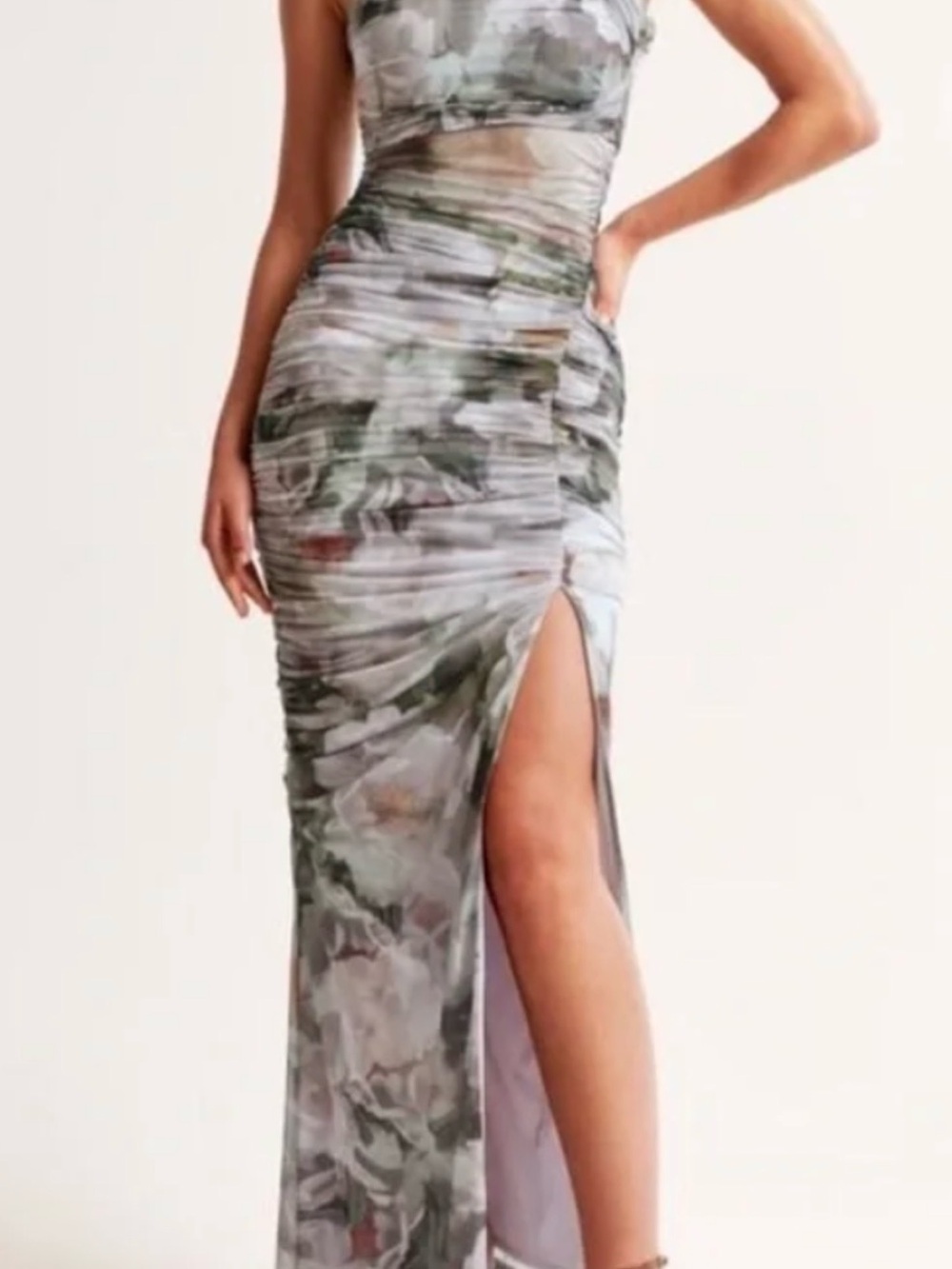 Abercrombie & Fitch Sheer Marble Ruched High-Slit Dress in Green and Gray